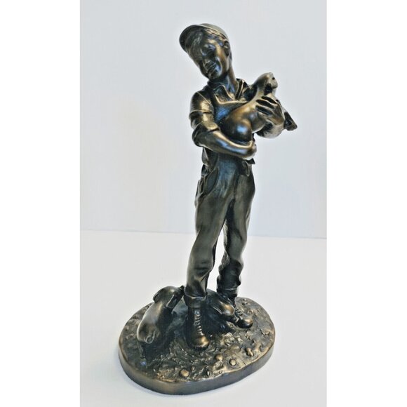 Heredities Vintage Resin Bronz Boy holding piglet Figurine P.Parsons - Picture 1 of 11
